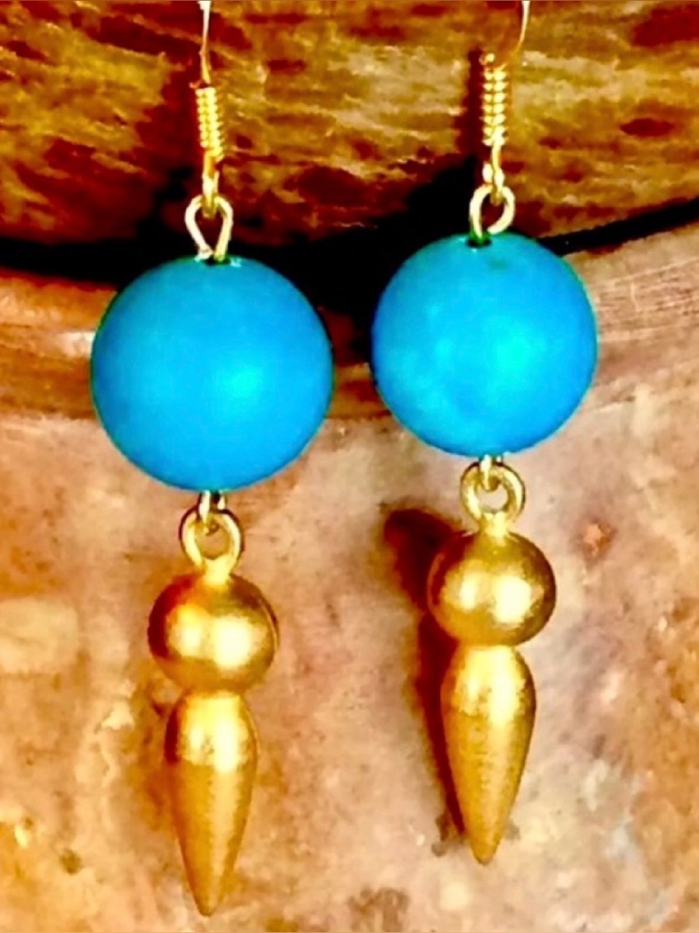 Turquoise Blue Stone Ball and Matte Gold Tone Spike Dangle Earrings NWT Handmade